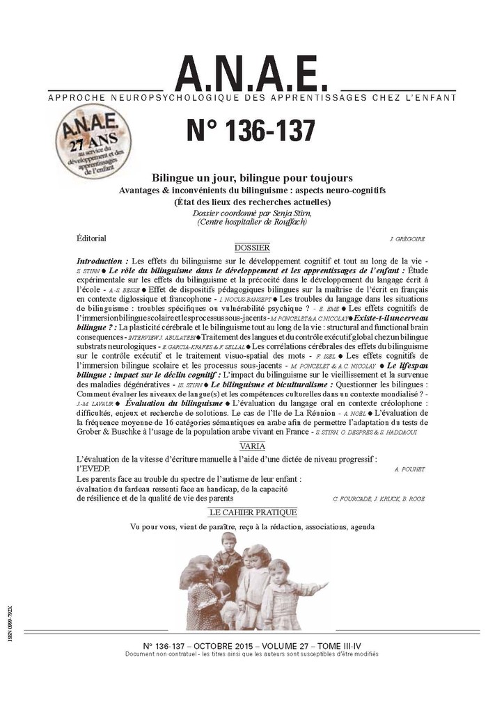 ANAE N° 136/137 – BILINGUISME – ASPECTS NEURO-COGNITIFS