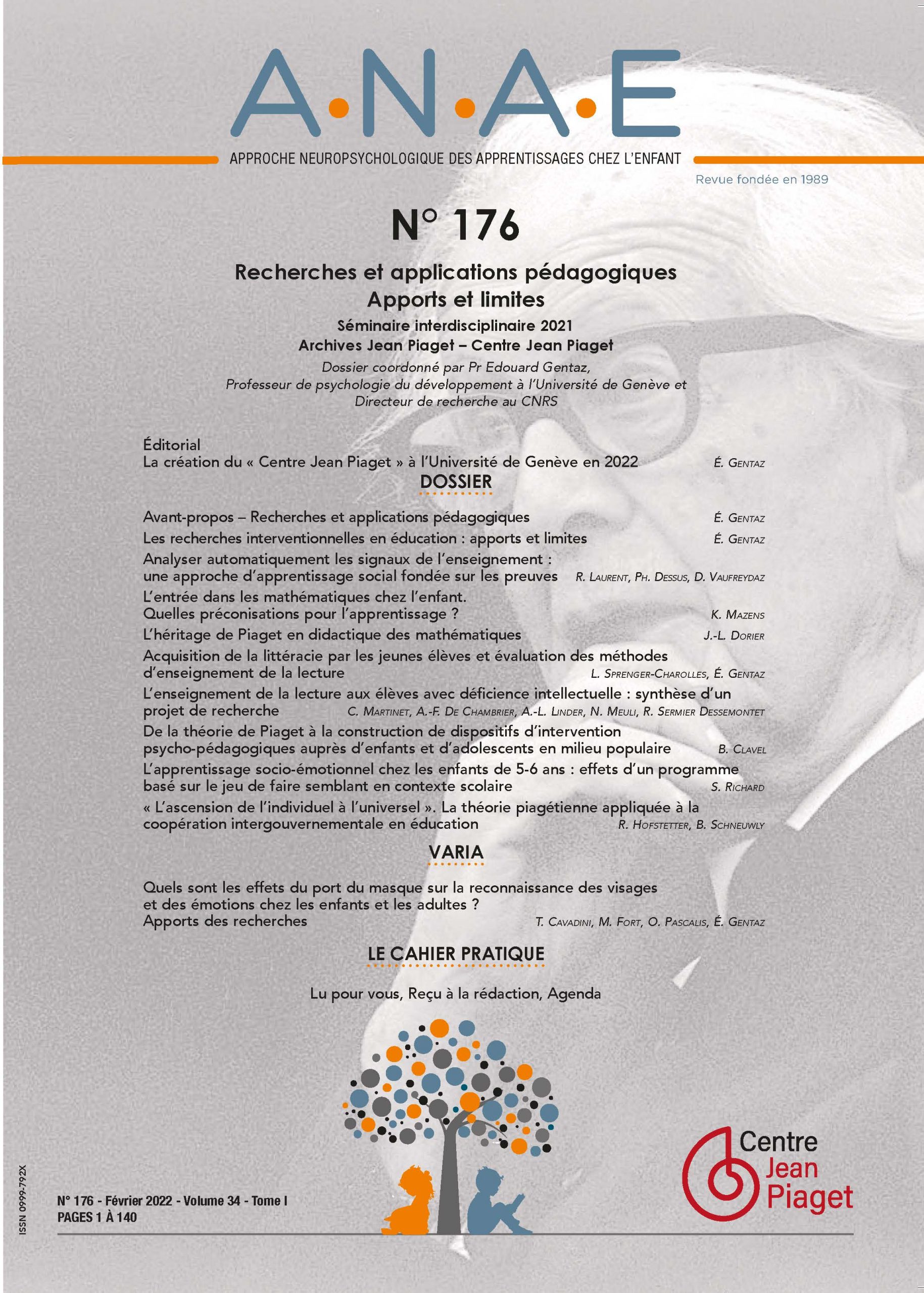 ANAE N° 176 – Recherches et applications pédagogiques - Apports et limites - Séminaire Jean Piaget